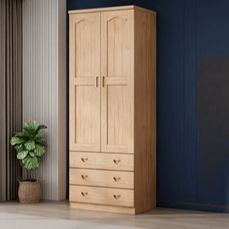 Natural Finish Minimalist Pine Wood Cabinet Armoire with 3-Drawer, Interior Shelves, and Clothing Rod thumbnail 3