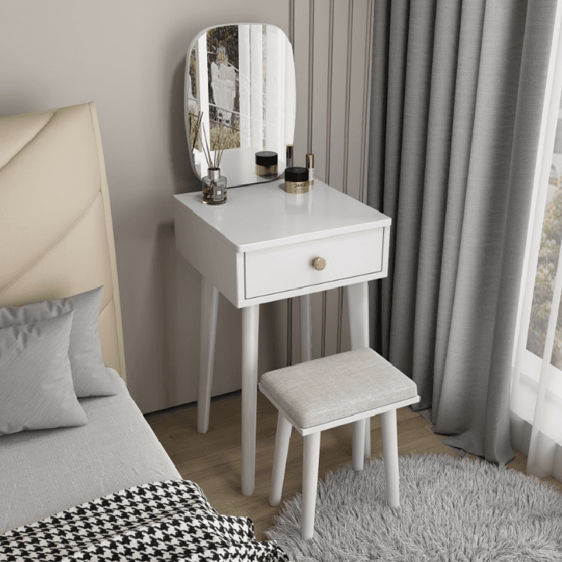 Modish Small/Standard Vanity Set with White/Auburn/Natural Color Chair, 1 Drawer/2 Drawers, Rubberwood Frame, and Standing Mirror thumbnail 3