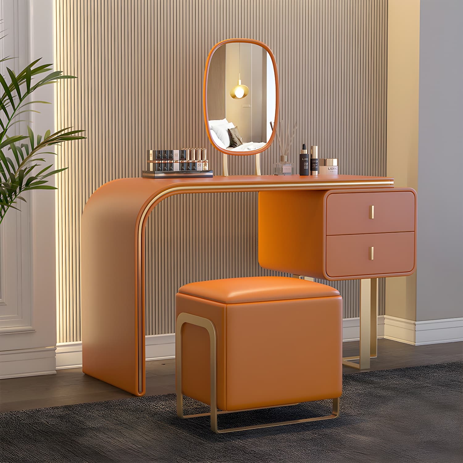 Glam Vanity Set With Drawer Leather Mirror Bedroom Make-up Vanity thumbnail 6