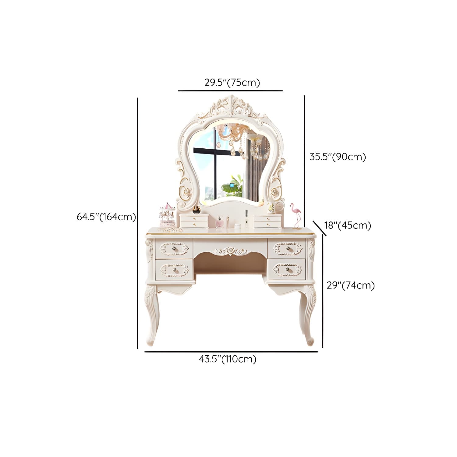 White Victorian Wood Vanity Dressing Table with Drawers Mirrored Makeup Vanity thumbnail 18