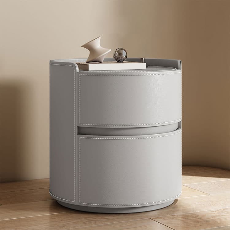 Chic Modern Round Nightstand with Light Wood Tone Faux Leather and Numerate Two Drawer Storage thumbnail 6