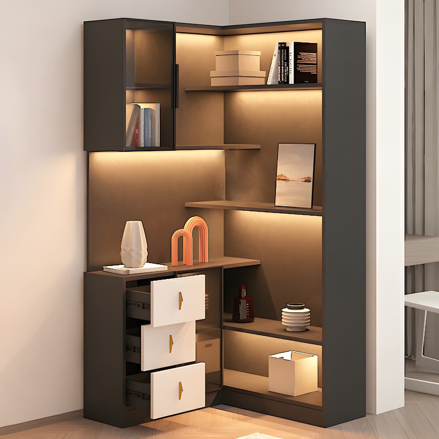 Corner Modern Accent Cabinet with Wood Counter Top, Glass Doors, Drawers, and Adjustable Shelves thumbnail 3