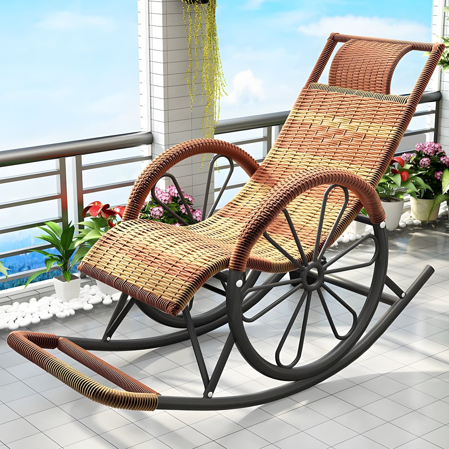 Modern Spindle Rattan Rocking Chair Metal Frame Wheel Handrail Design Rocker Chair thumbnail 4