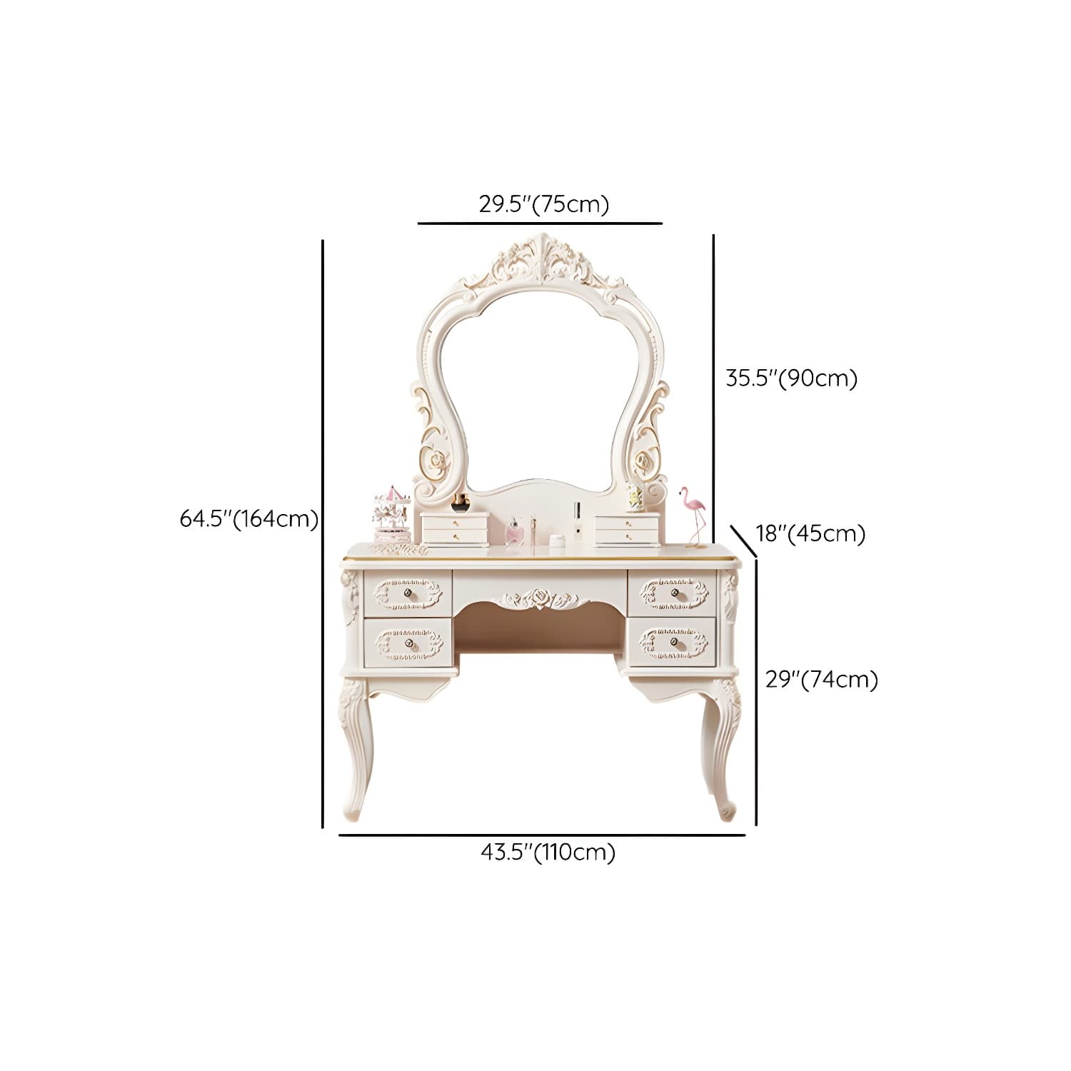 White Victorian Wood Vanity Dressing Table with Drawers Mirrored Makeup Vanity thumbnail 19