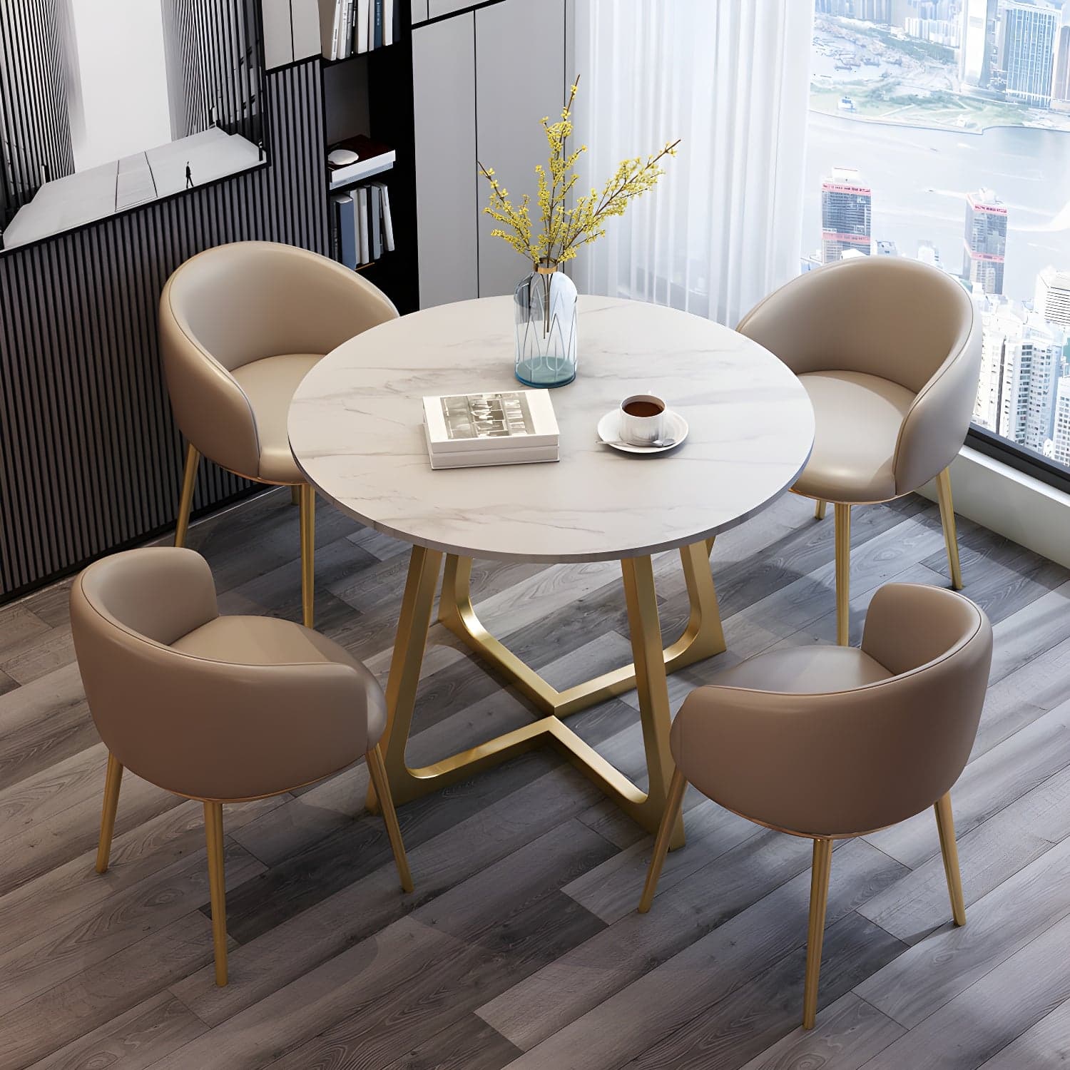 5-Piece Glam Dining Set Round White Table with Gold Metal Base and Upholstered Chairs thumbnail 5