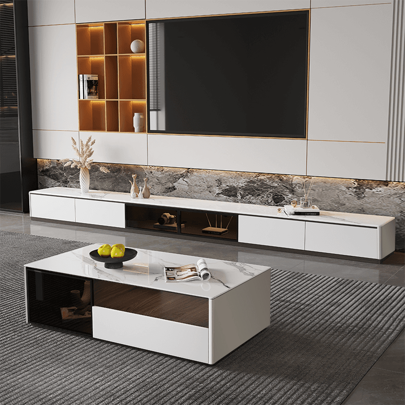 Art Deco Sintered Stone TV Stand for Sitting Room with Multiple Drawers, Storage Cabinet, Cable Management, and Door thumbnail 3