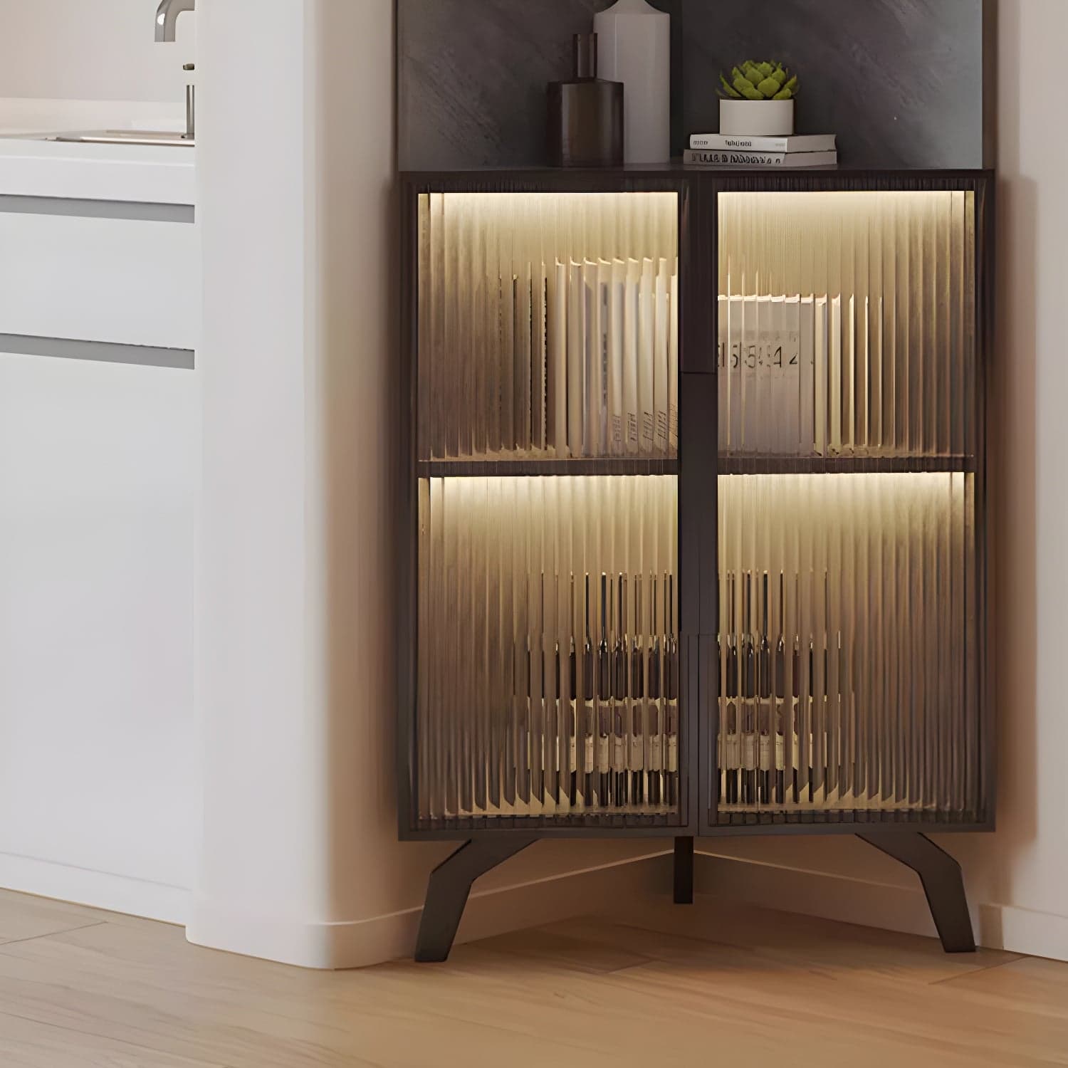 Modern Corner Glass Door Accent Cabinet with Black Metal Base thumbnail 9