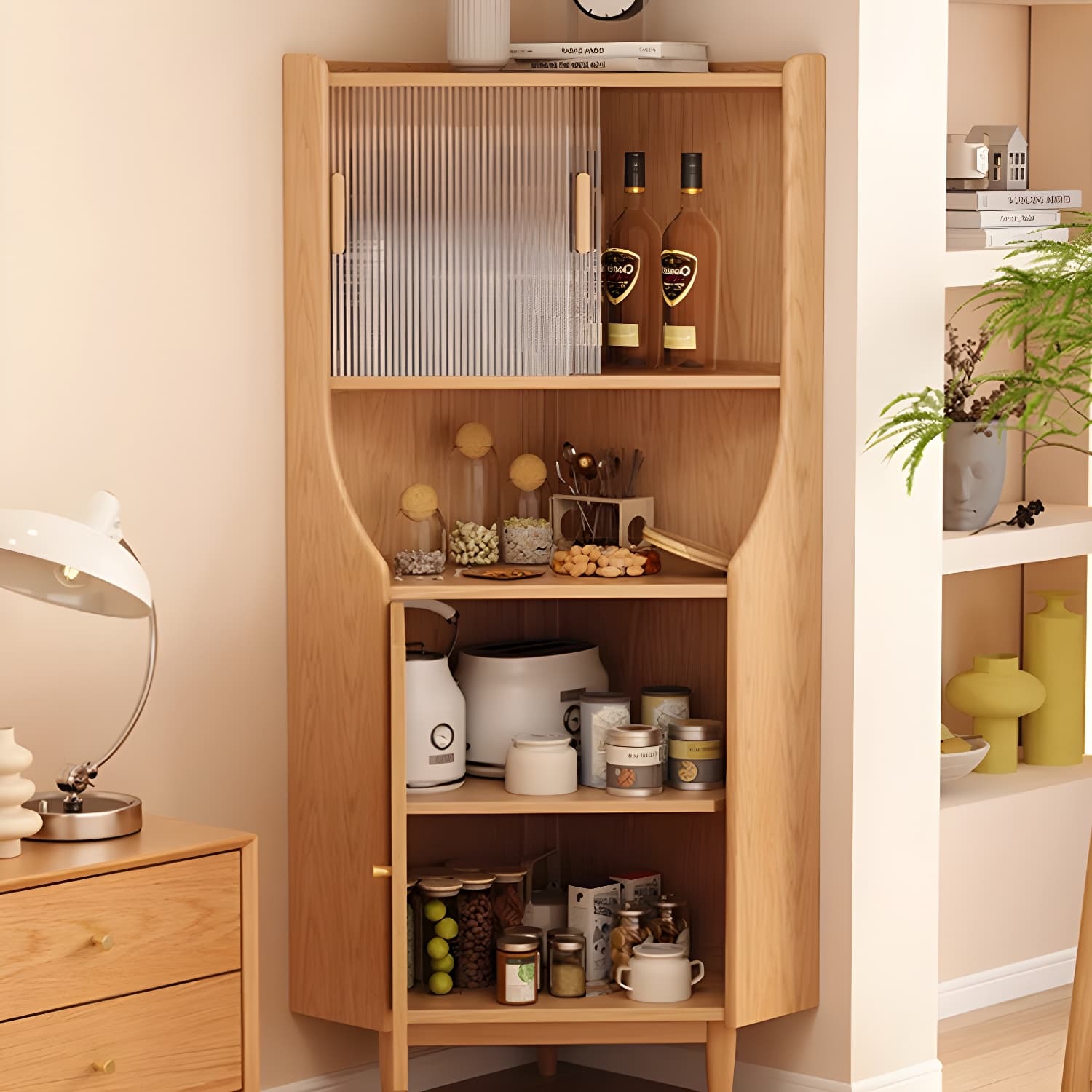 Corner Scandinavian Accent Cabinet with Wood Counter Top and Glass Doors, 2 Exterior Shelves thumbnail 4
