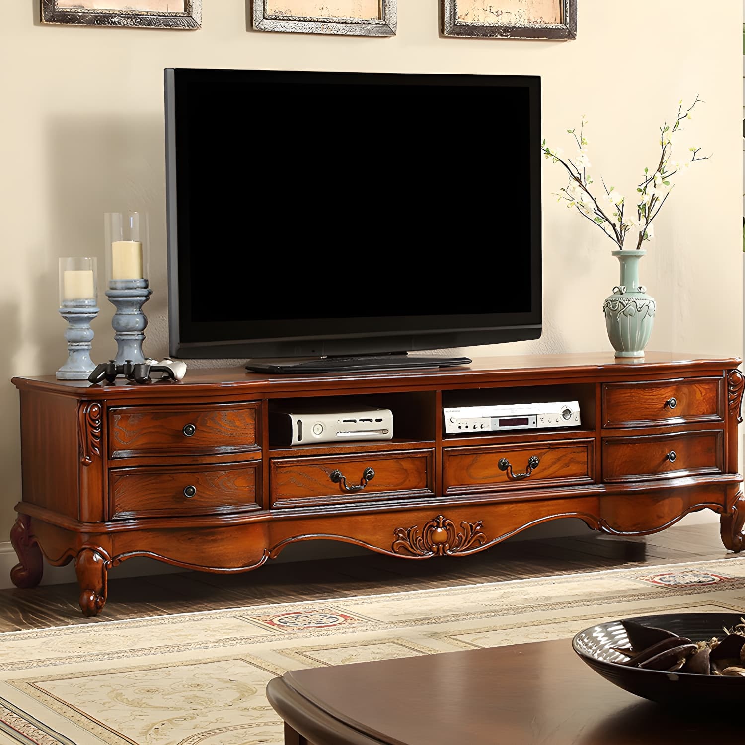 Brown Wooden TV Stand Console Traditional Style Home TV Cabinet with Drawers thumbnail 11