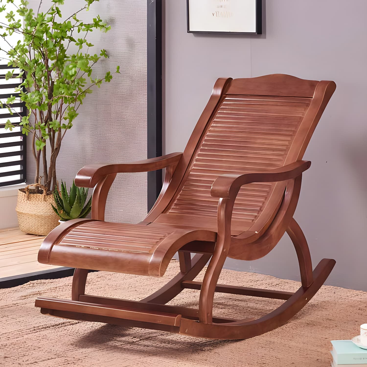 Retro Dark Brown Rocking Chair Solid Wood Reclining Rocker Chair for Home - image 8