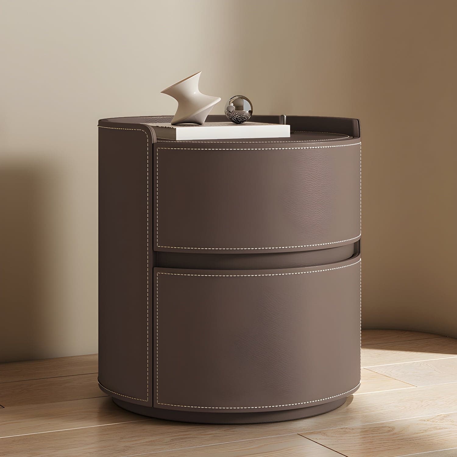 Modern Faux Leather Nightstand with 2 Drawers in Light Wood Tone thumbnail 1