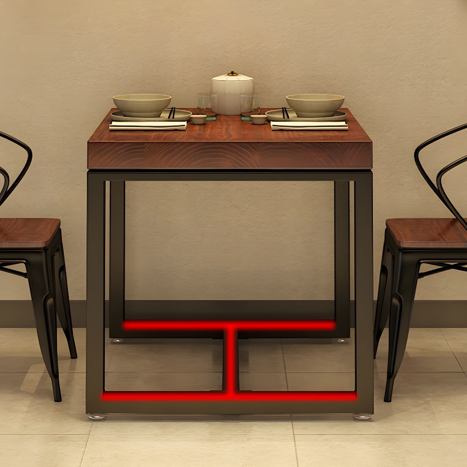 Solid Wood Top Dining Table Industrial Square Black Iron Trestle Base Table thumbnail 8
