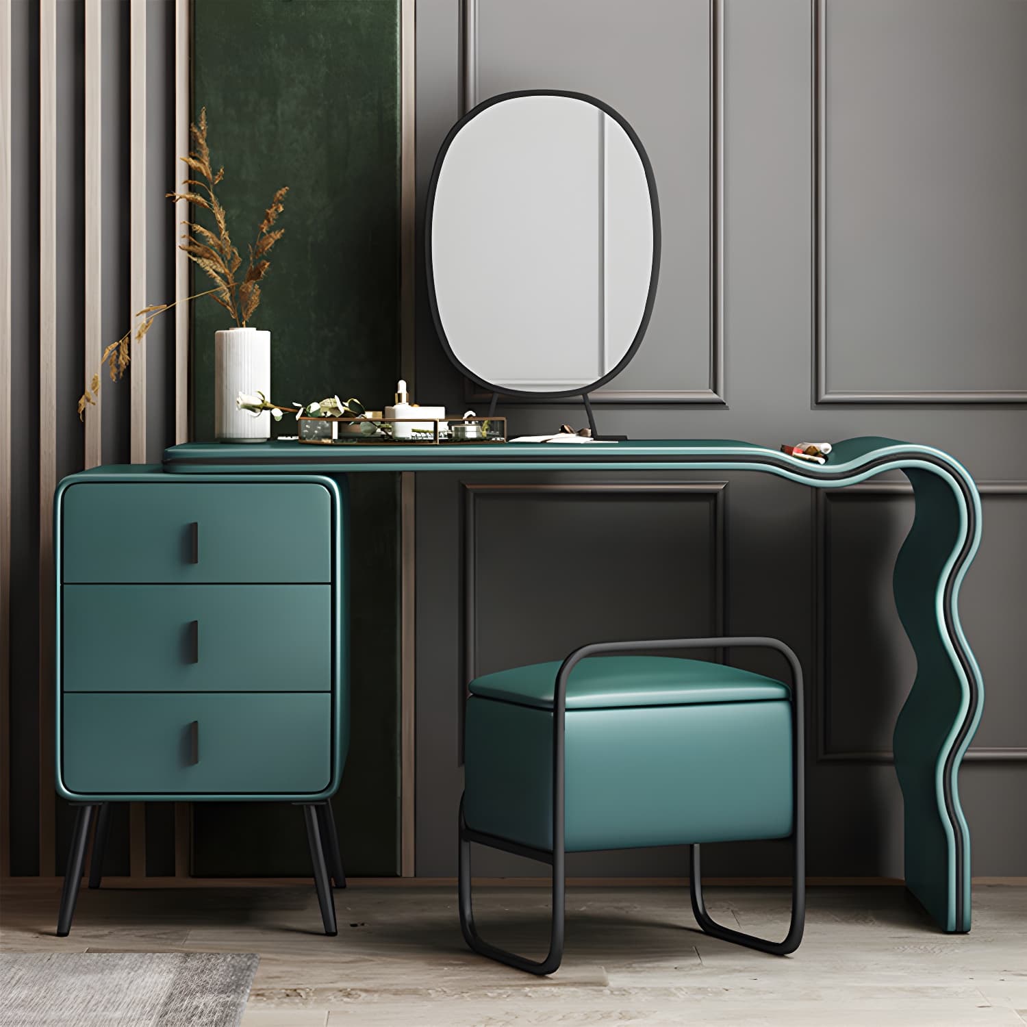 3 Drawers Make-up Vanity Set, 28.74" H Leather Vanity with Stool & Mirror thumbnail 10