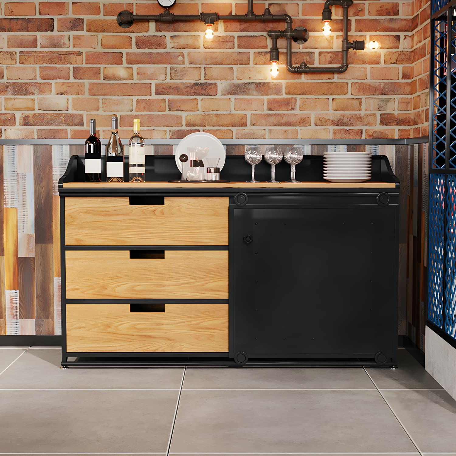 Industrial Metal Sideboard with Drawers, Cabinets, and Open Storage - 3 Drawers, 1 Interior Shelf thumbnail 5