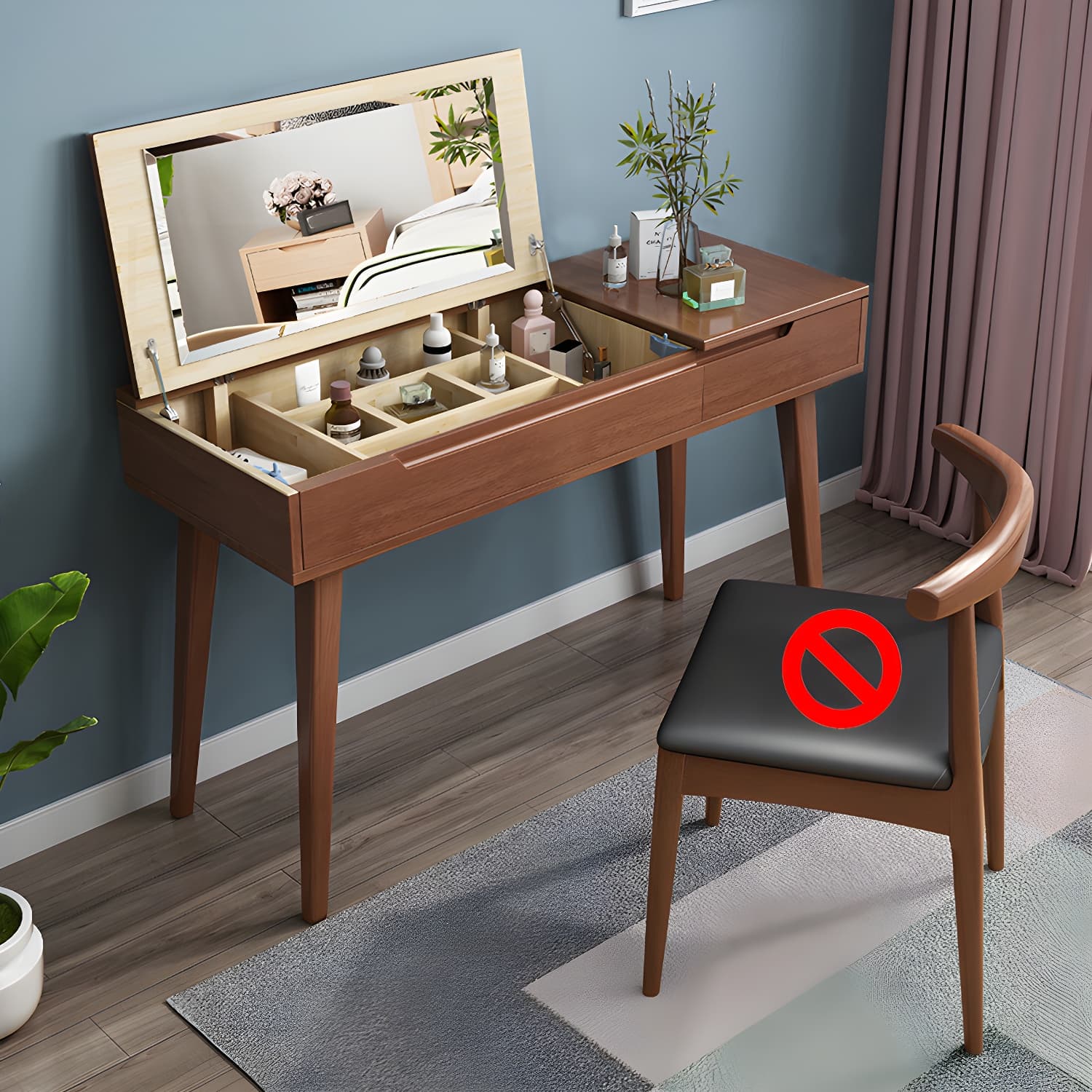 Scandinavian Solid Wood Vanity Makeup Table Set 1 Drawer Flip-Top Dressing Table thumbnail 1