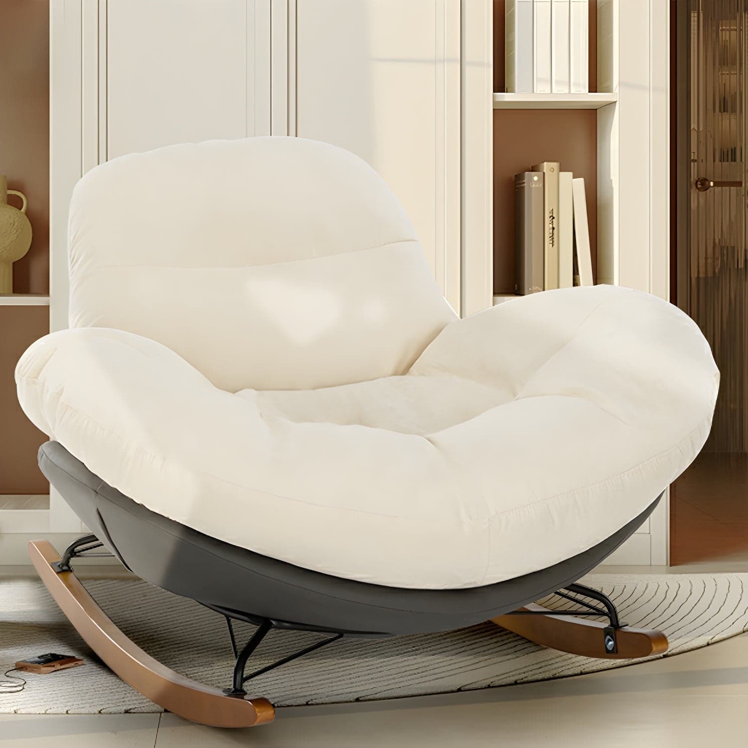 Modern Upholstered Rocking Chair - Stylish Indoor Seating with Natural Wood Legs and Tufted Design - image 3