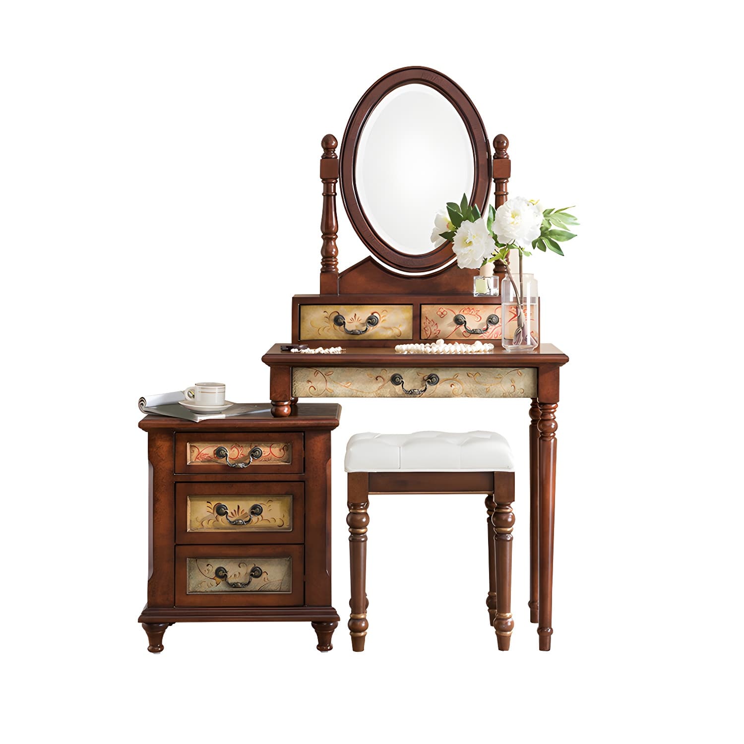 Victorian Vanity Set Solid Wood Drawers Included Makeup Dressing Table With Mirror & Stool thumbnail 8