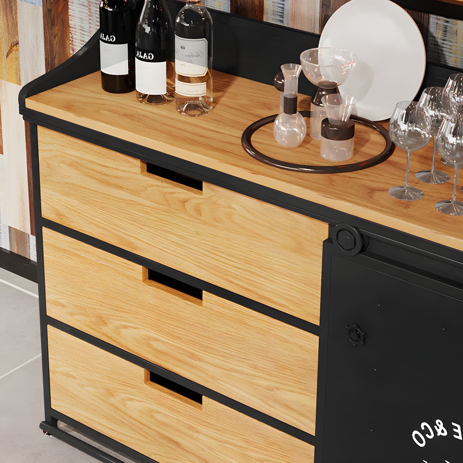 Industrial Metal Sideboard with Drawers, Cabinets, and Open Storage - 3 Drawers, 1 Interior Shelf thumbnail 10