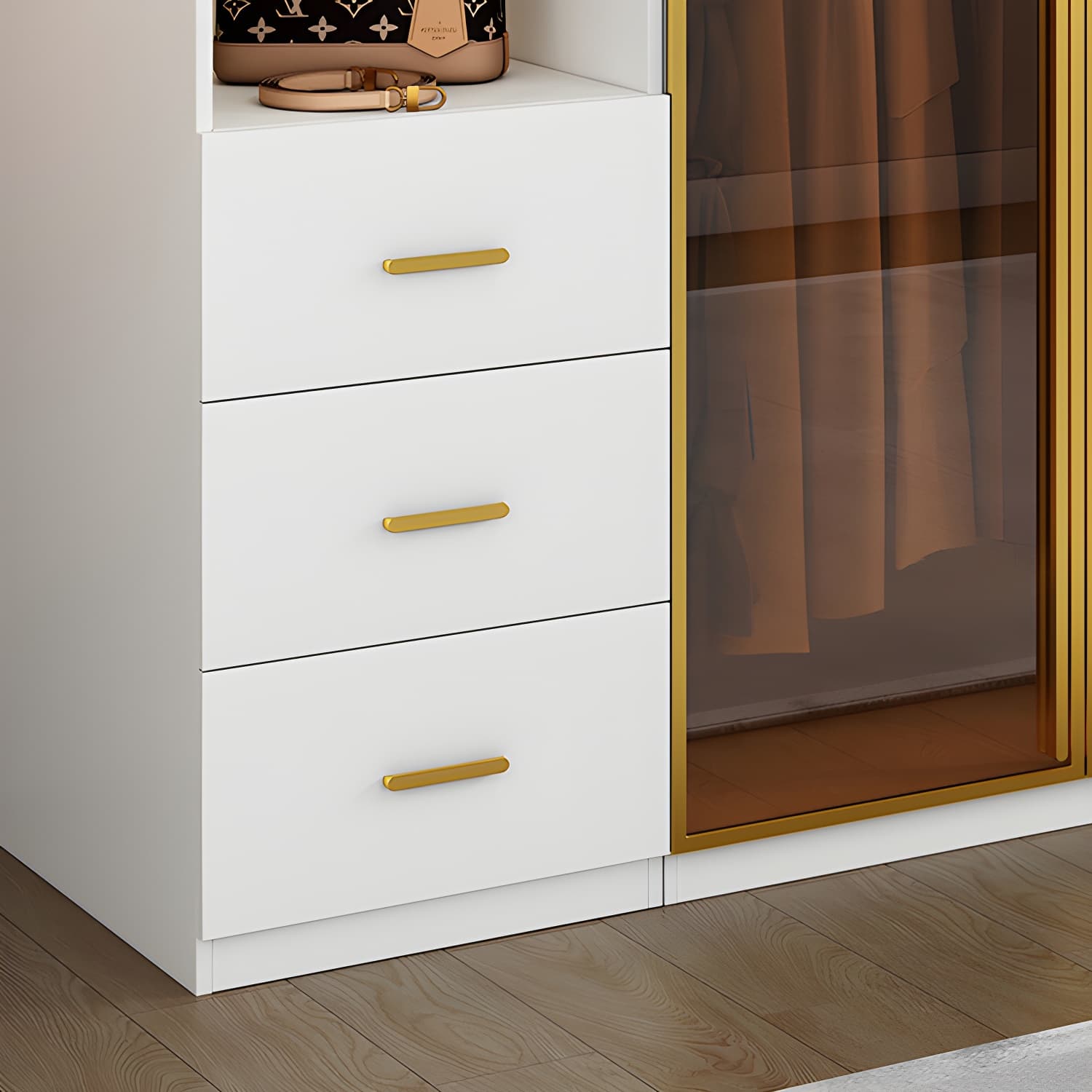 Modern White Wood Frame Wardrobe Armoire Freestanding Wardrobe with Soft Close Drawers thumbnail 9