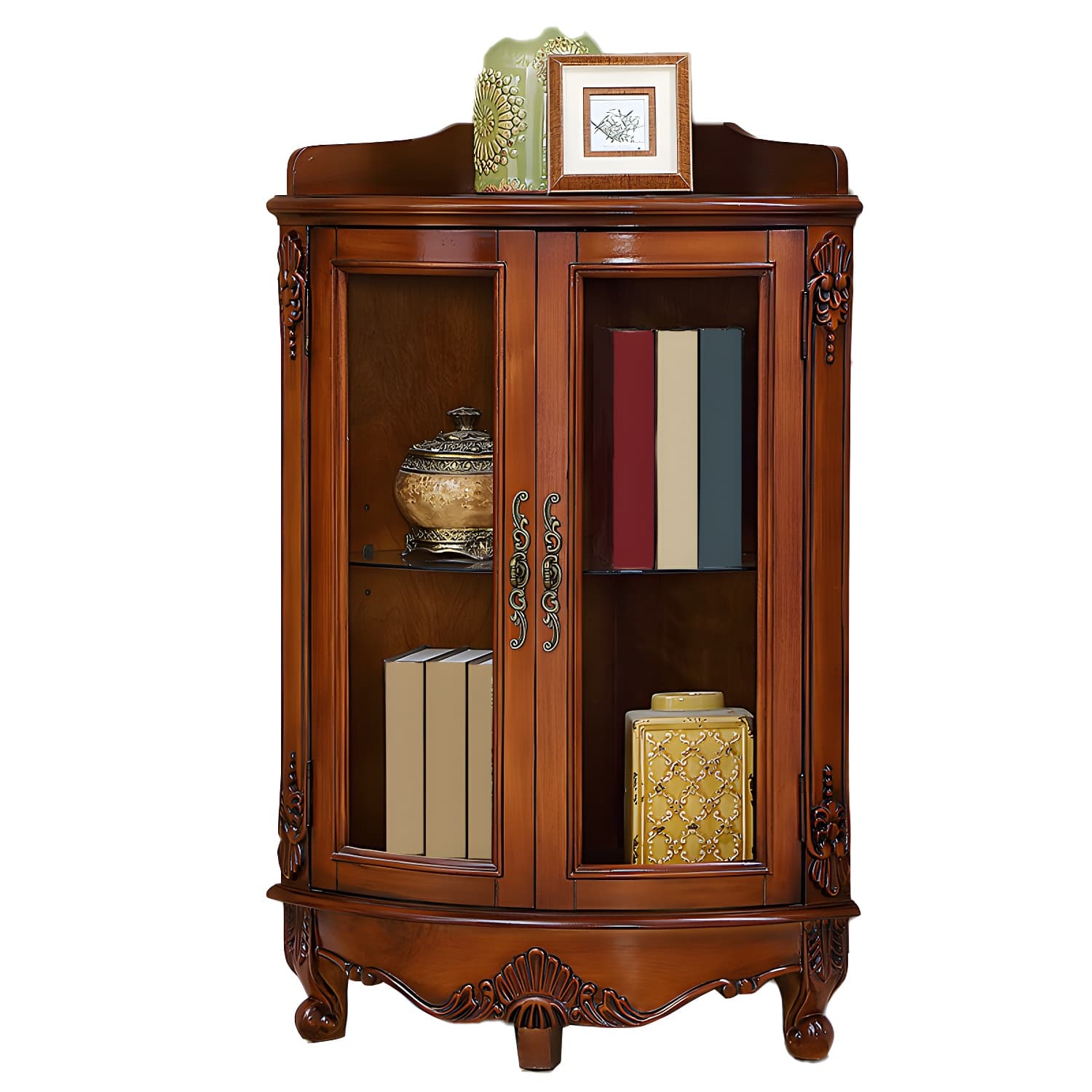 Mid-century Modern Brown Corner Cabinet, Wooden Accent Cabinet with Shelves thumbnail 11