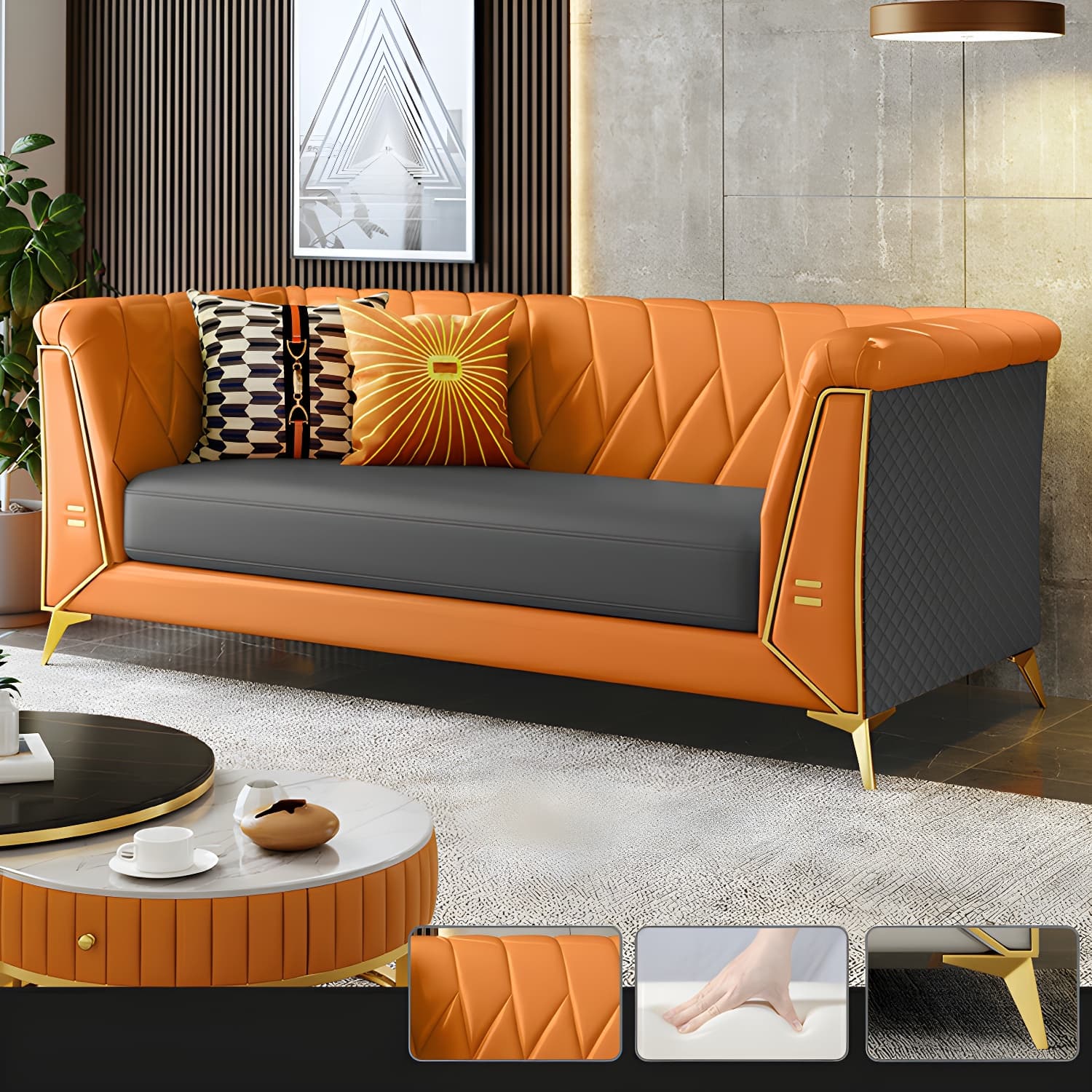 Glam Faux Leather Standard Sofa with Tuxedo Arms in Solid Color thumbnail 3