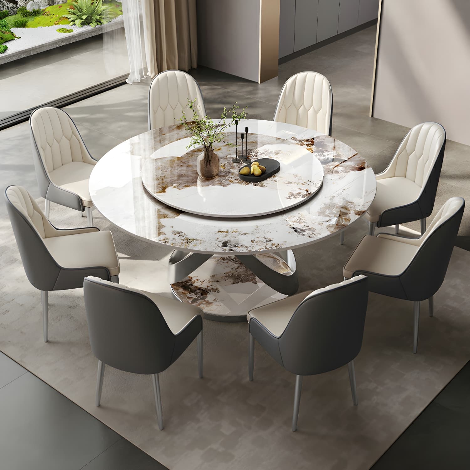 Stunning White Stone Round Dining Table with Lazy Susan and Silver Steel Pedestal Base thumbnail 2