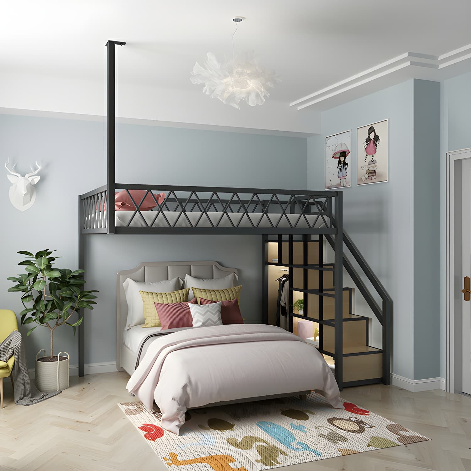 Modern Wood/Metal Bed with Light Wood Tone & Tall Clearance Storage Cabinets thumbnail 5