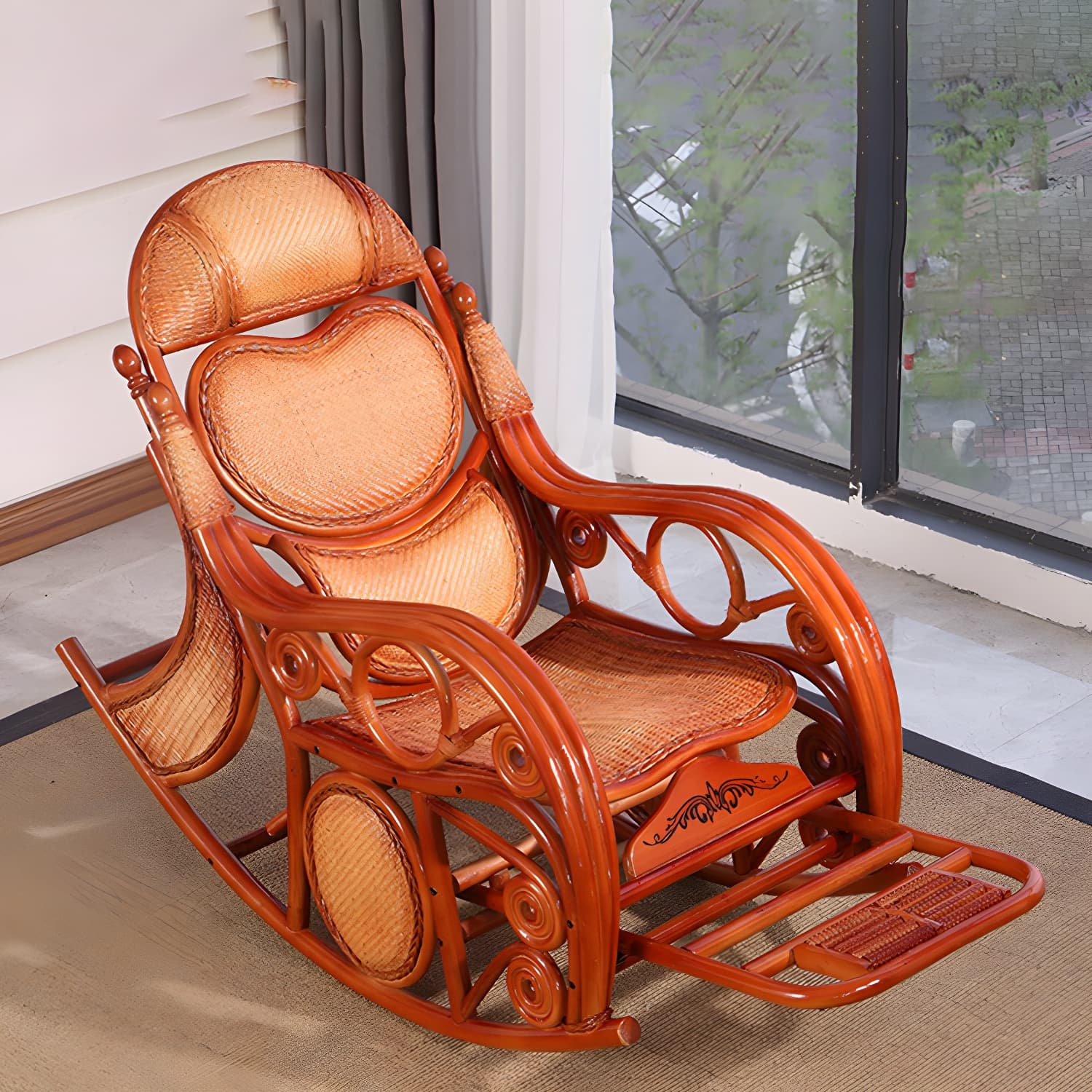Traditional Spindle Rocking Accent Chair Tobacco Finish Rocker Chair Reclining thumbnail 11