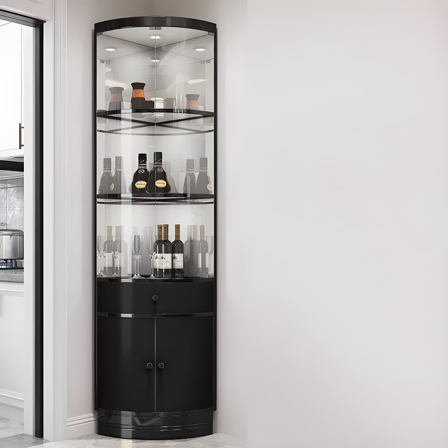 Corner Modern Accent Cabinet with Wood Counter Top, Glass Doors, and Metal Base thumbnail 1