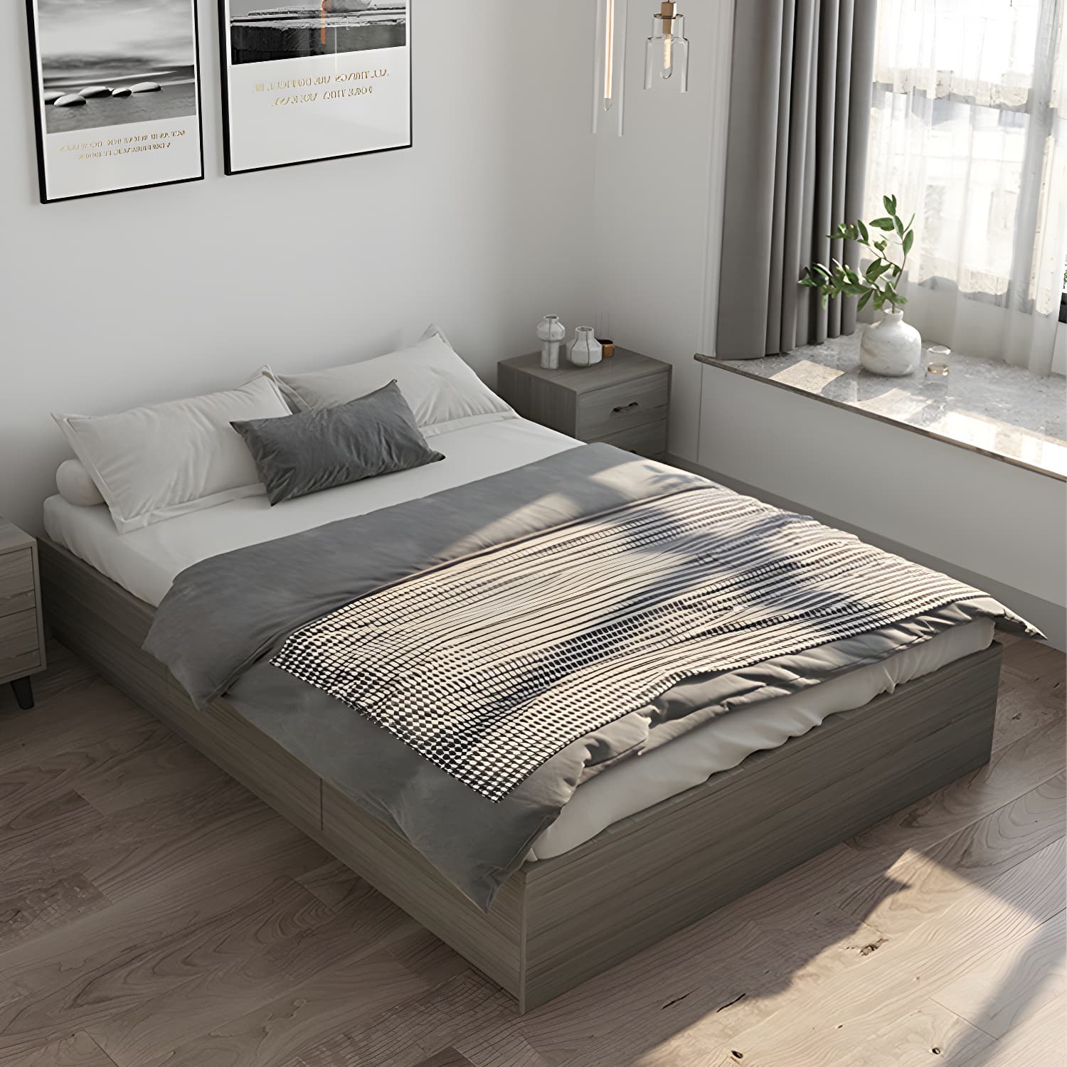 Light Brown Platform Bed Scandinavian 13.77" Tall Bed Frame with Storage Drawers thumbnail 2