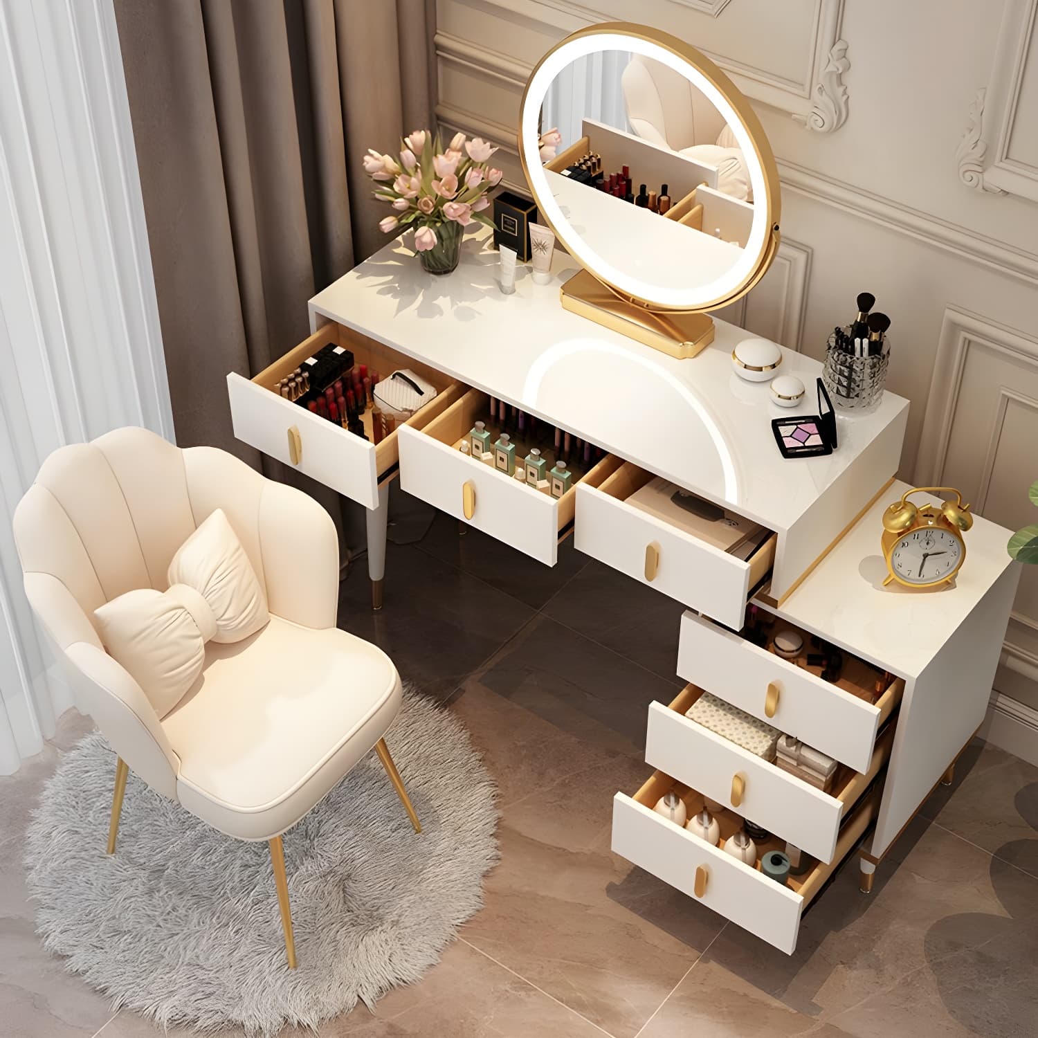 Contemporary Make-up Vanity with Wooden Top and Drawers for Bedroom thumbnail 6