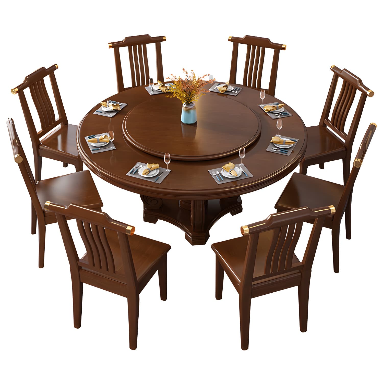 Round Solid Wood Dining Table Modern Turntable Furniture with Pedestal Base thumbnail 10