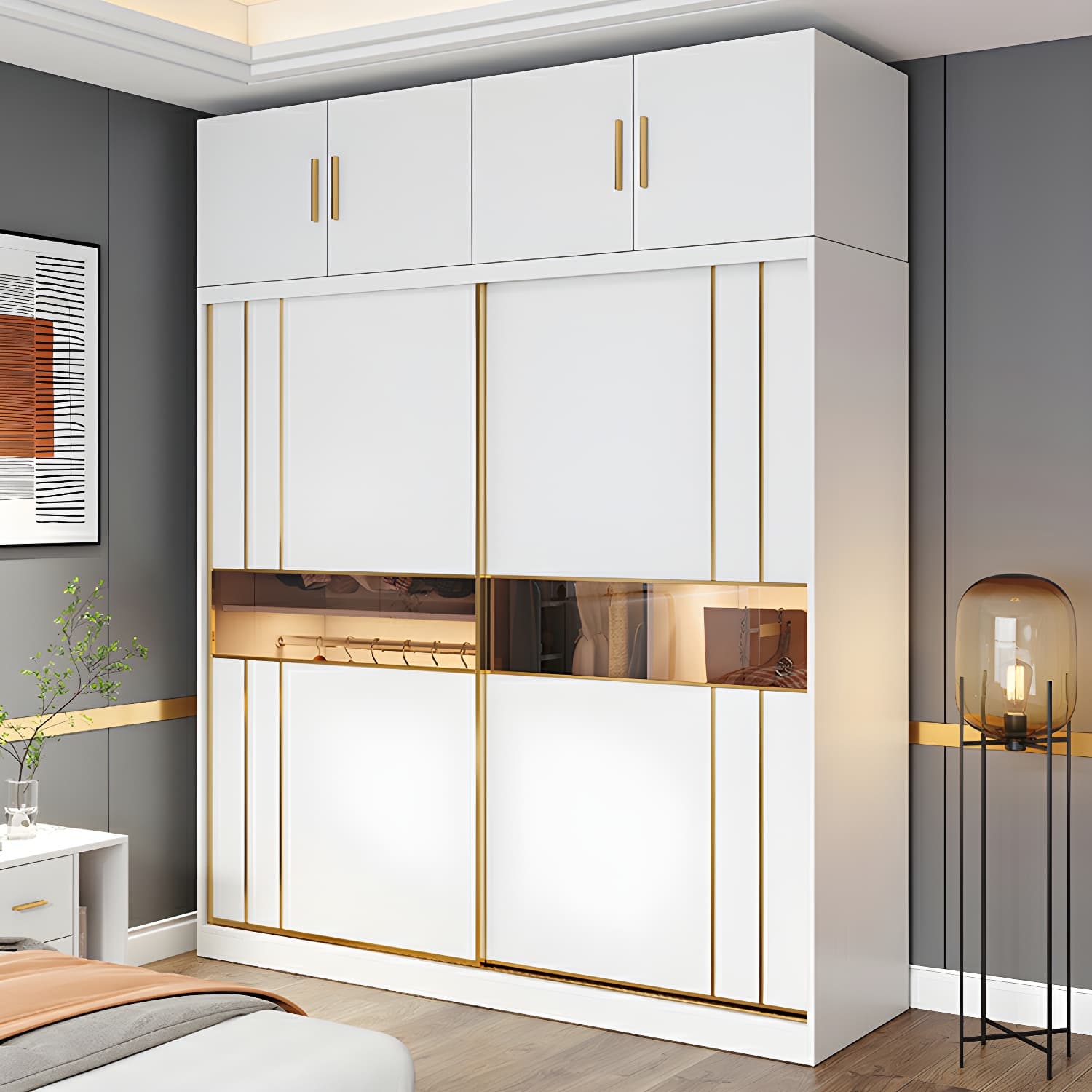 Modern White Wardrobe Armoire with Mirror, Drawers & Clothing Rod thumbnail 12