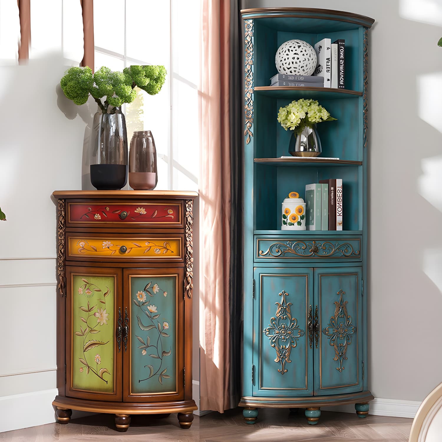 Rustic Corner Accent Cabinet with Wood Counter Top, Drawers, and Cabinet, Small Size thumbnail 12