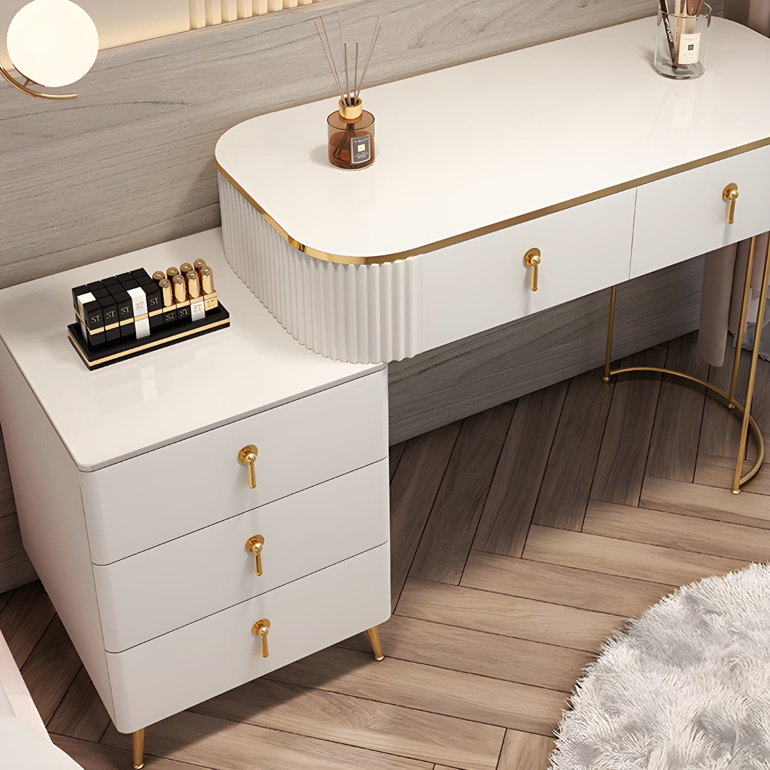 Contemporary Mirrored Wood Top Makeup Vanity Desk White/Gray Dressing Table thumbnail 10