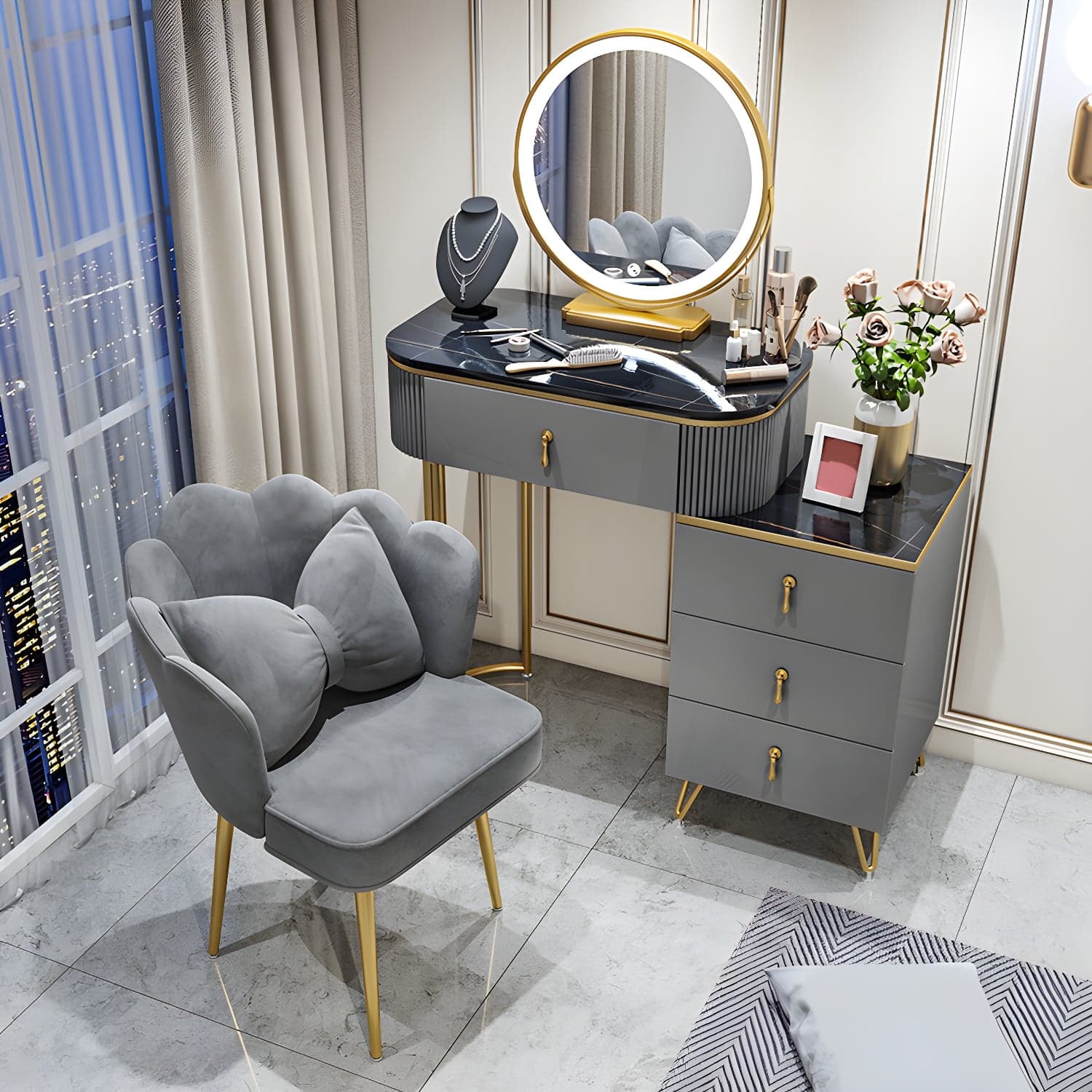 Gold Base Makeup Counter 15.74" Wide Vanity Tables with Storage Drawers thumbnail 1