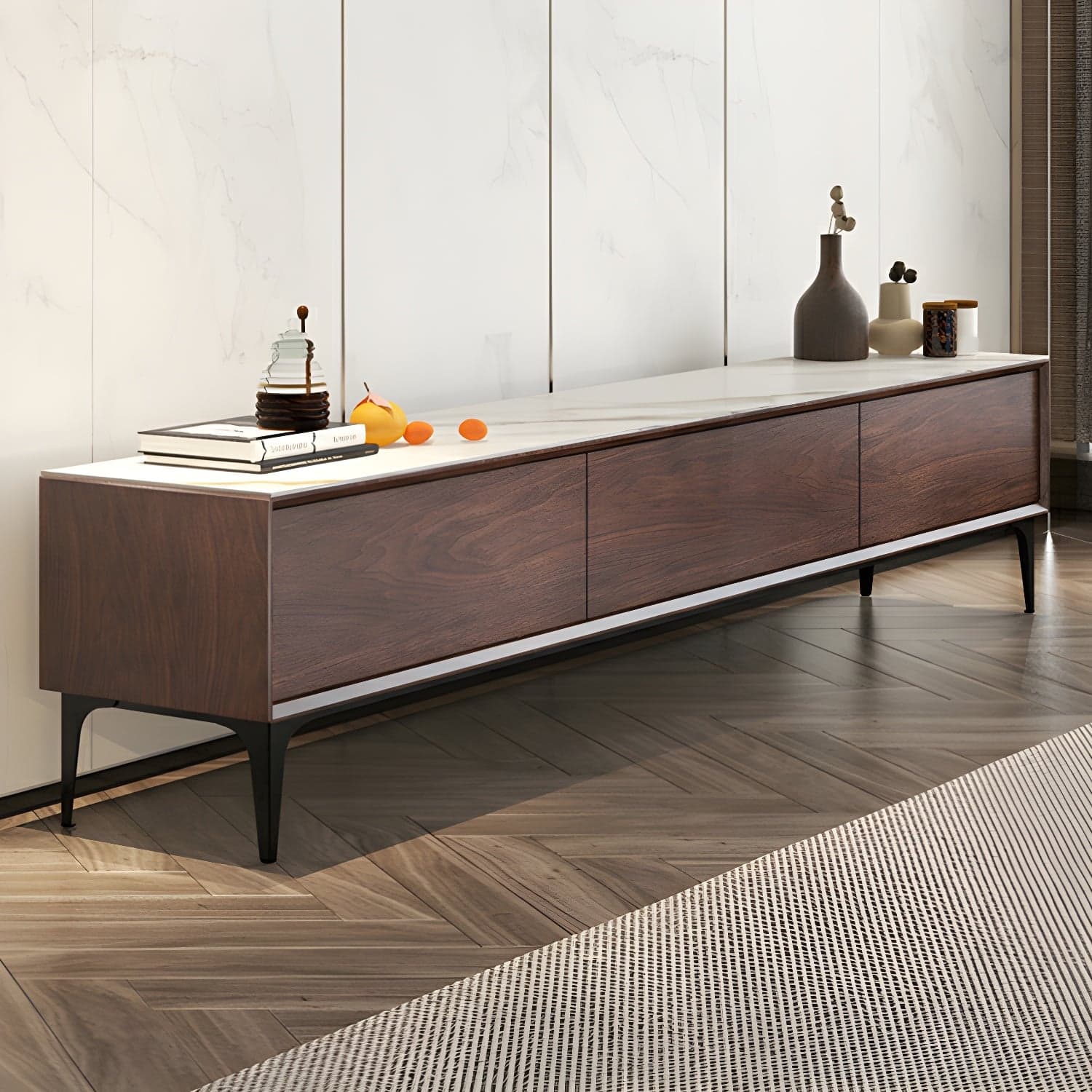 Scandinavian Style Wood TV Stand with Cable Management, Drawers Included - Low Height and With Legs thumbnail 5