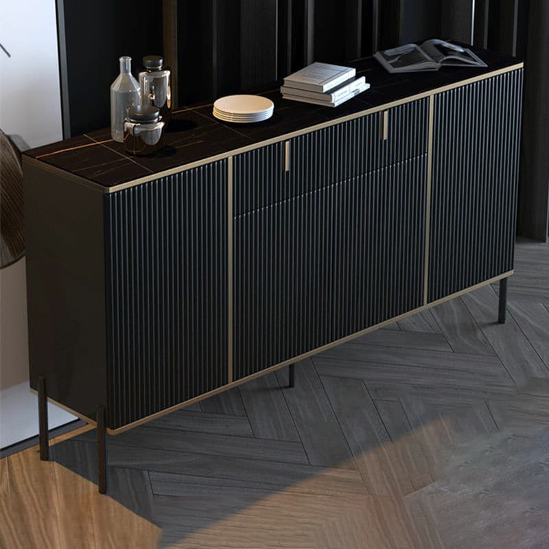 Black Floor Freestanding Sideboard in Wood with Glass Countertop and Kitchen Appliance Storage for Living Room in a Trendy Style thumbnail 3