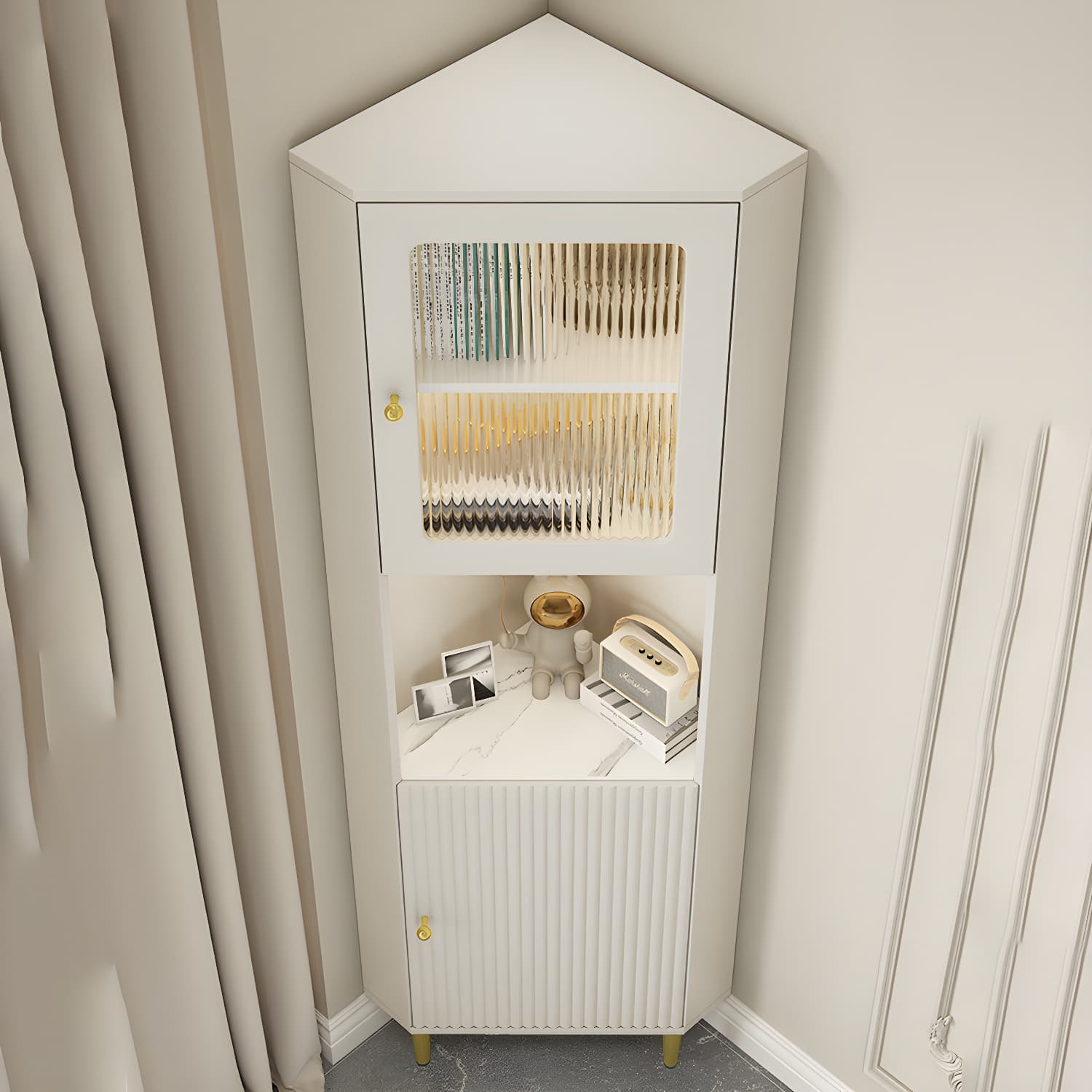 White Corner Modern Accent Cabinet with Stone Countertop, Glass Doors, and Cabinet Included thumbnail 6
