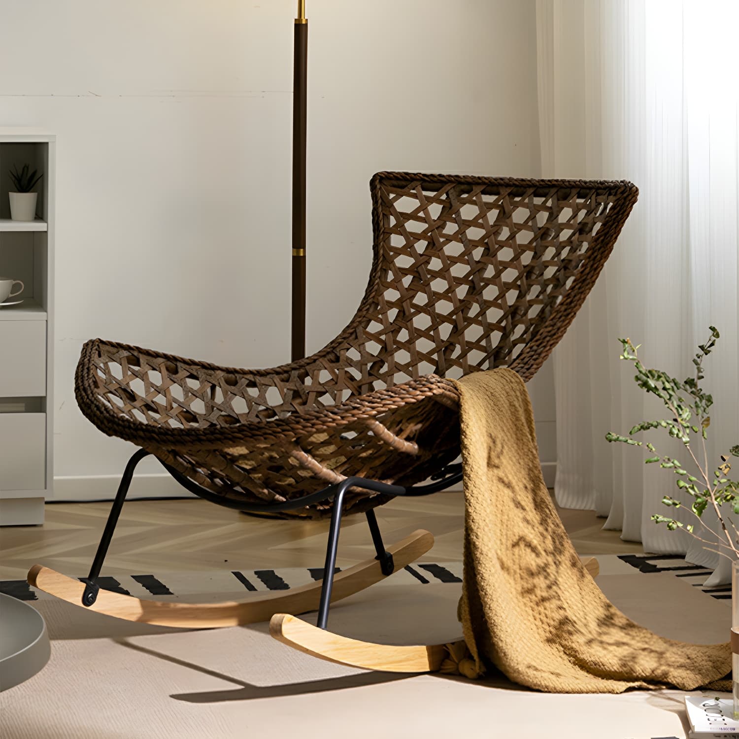 Elegant Walnut Wood Rocking Chair for Modern Living - Upholstered Seating and Stylish Track Arms thumbnail 6