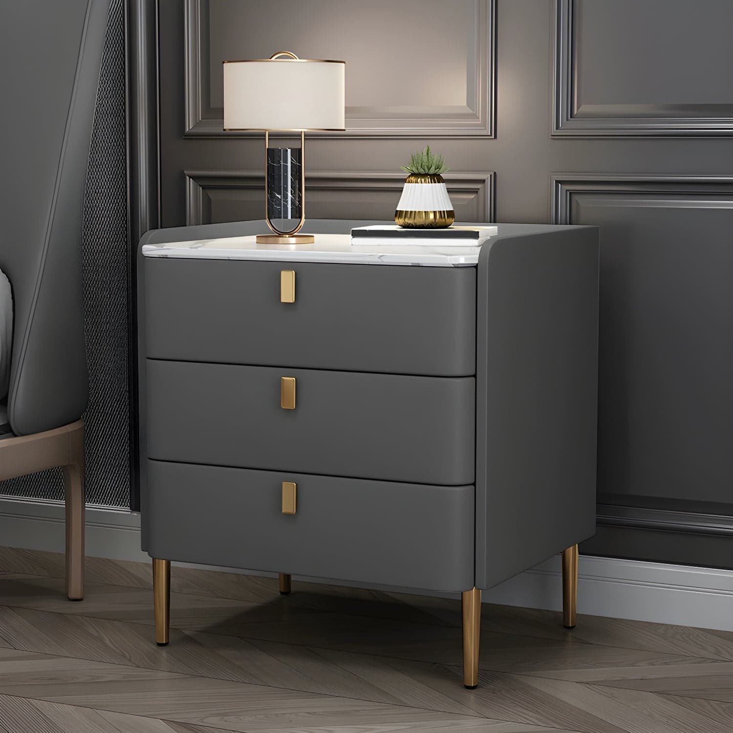 Glam Style Sintered Stone Top Drawer Storage Nightstand for Bedroom thumbnail 9