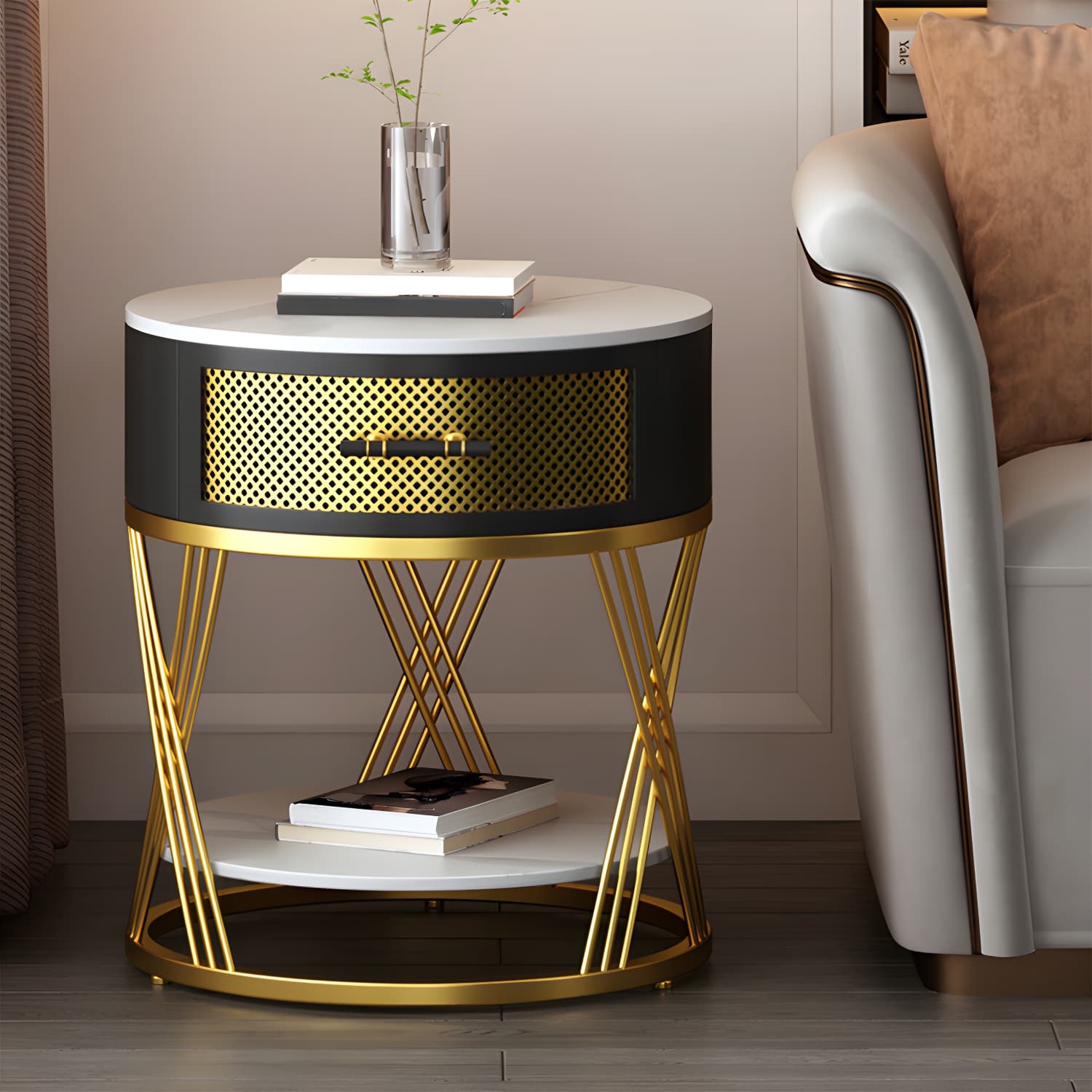 Glam Stone Top Night Table Open Storage 1-Drawer Metal Legs Included Nightstand thumbnail 3