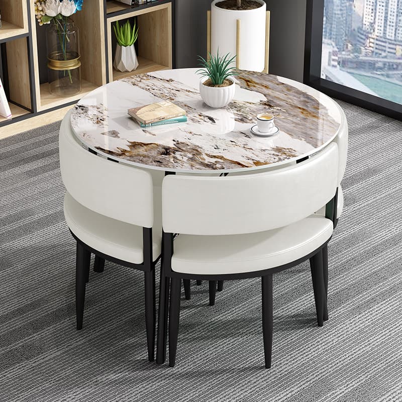 Circular Dining Table Set with a Slate Tabletop in White/Gray/Coal, Back and Cushion Chair for Dining Table for 4 in a Simple Style thumbnail 25