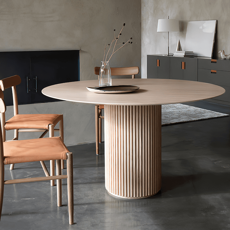 Fixed Rounded Dining Table for 4/2 People/Seats 6 with Ribbed Leg and a Slate/Wooden Tabletop in Natural/Chalk in a Nordic Style thumbnail 4