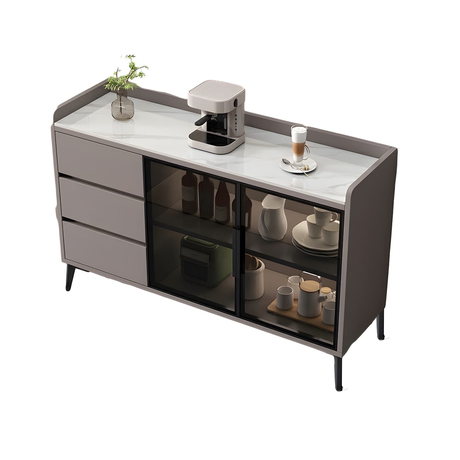 Stone Top Modern Wood Sideboard Credenza with 3 Drawers and Glass Doors thumbnail 11