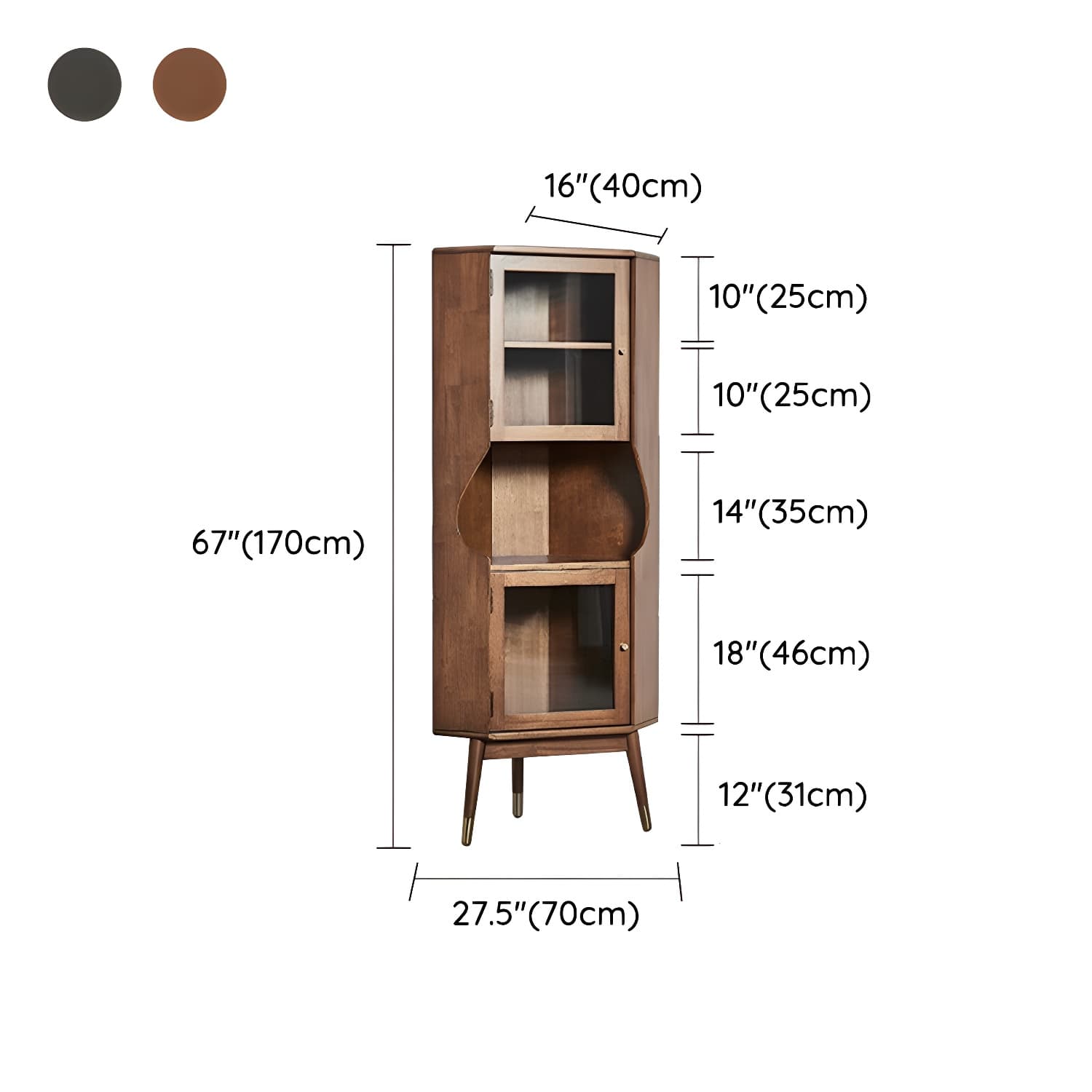 Corner Mid-Century Modern Accent Cabinet with Wood Countertop, Glass Doors, and 5 Shelves thumbnail 17