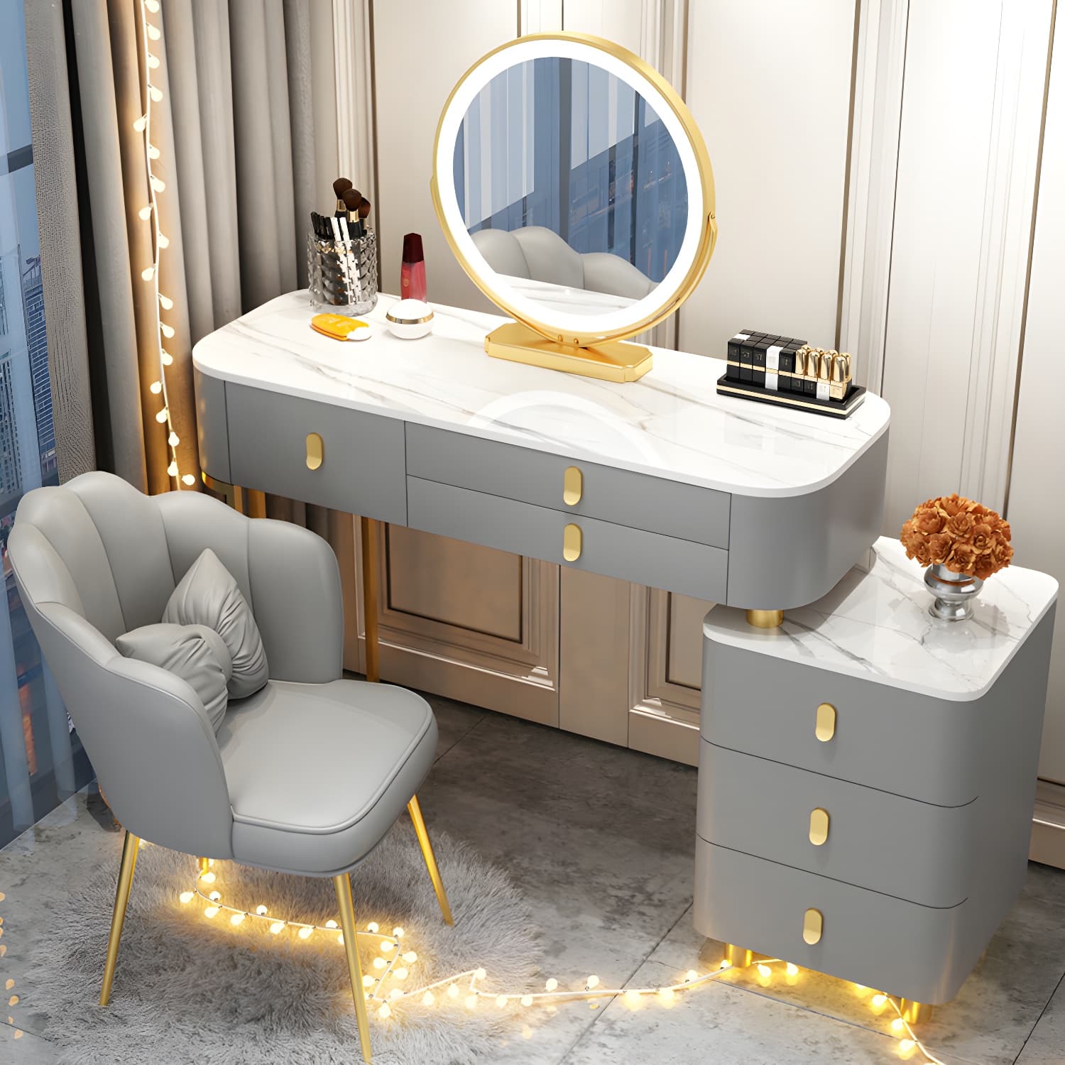 Lighted Mirror Makeup Vanity Desk Storage Box Makeup Vanity Set with Drawer thumbnail 7
