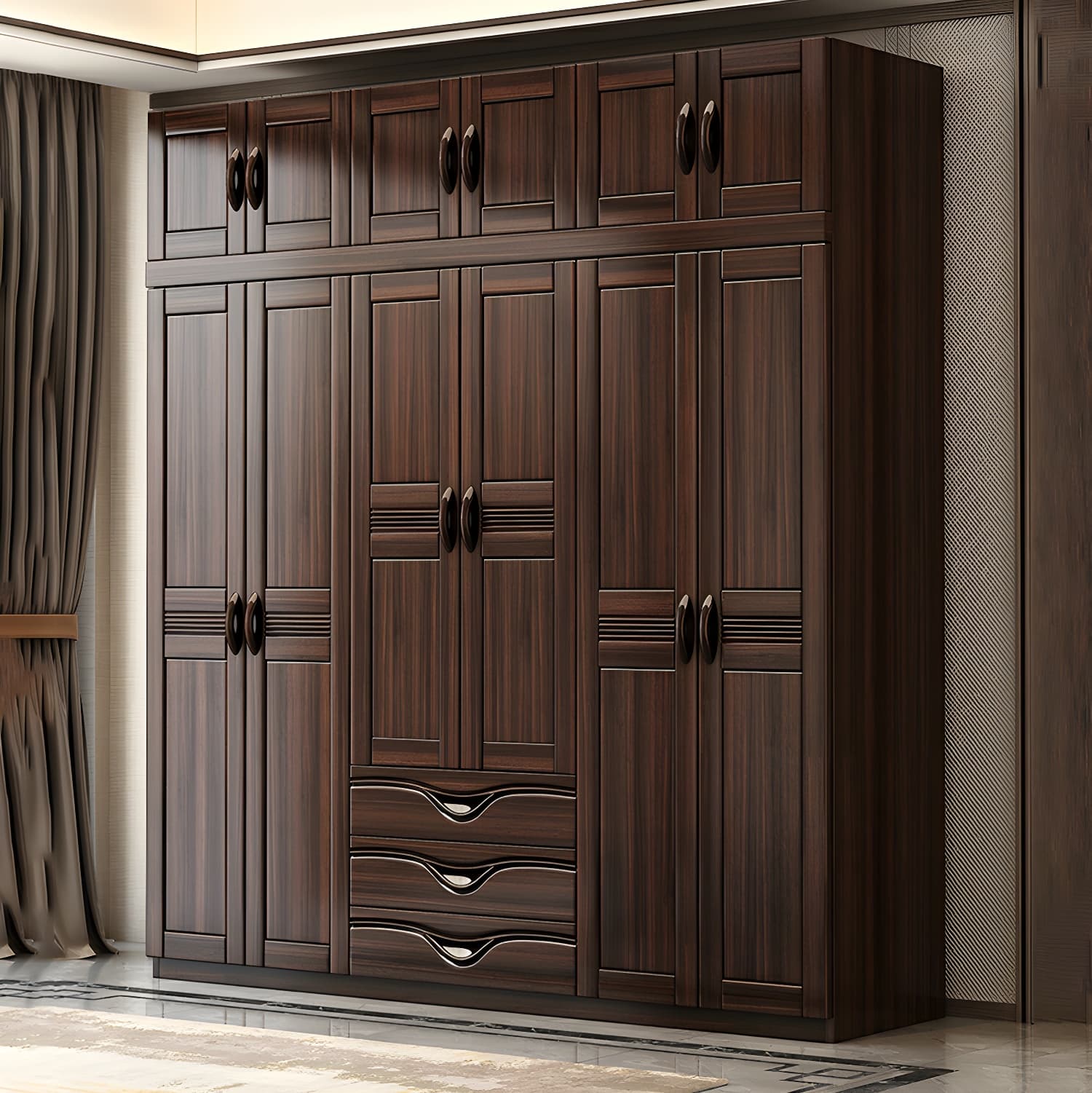 Traditional Black-brown Storage Wood Wardrobe with Clothing Rod and Shelves thumbnail 3