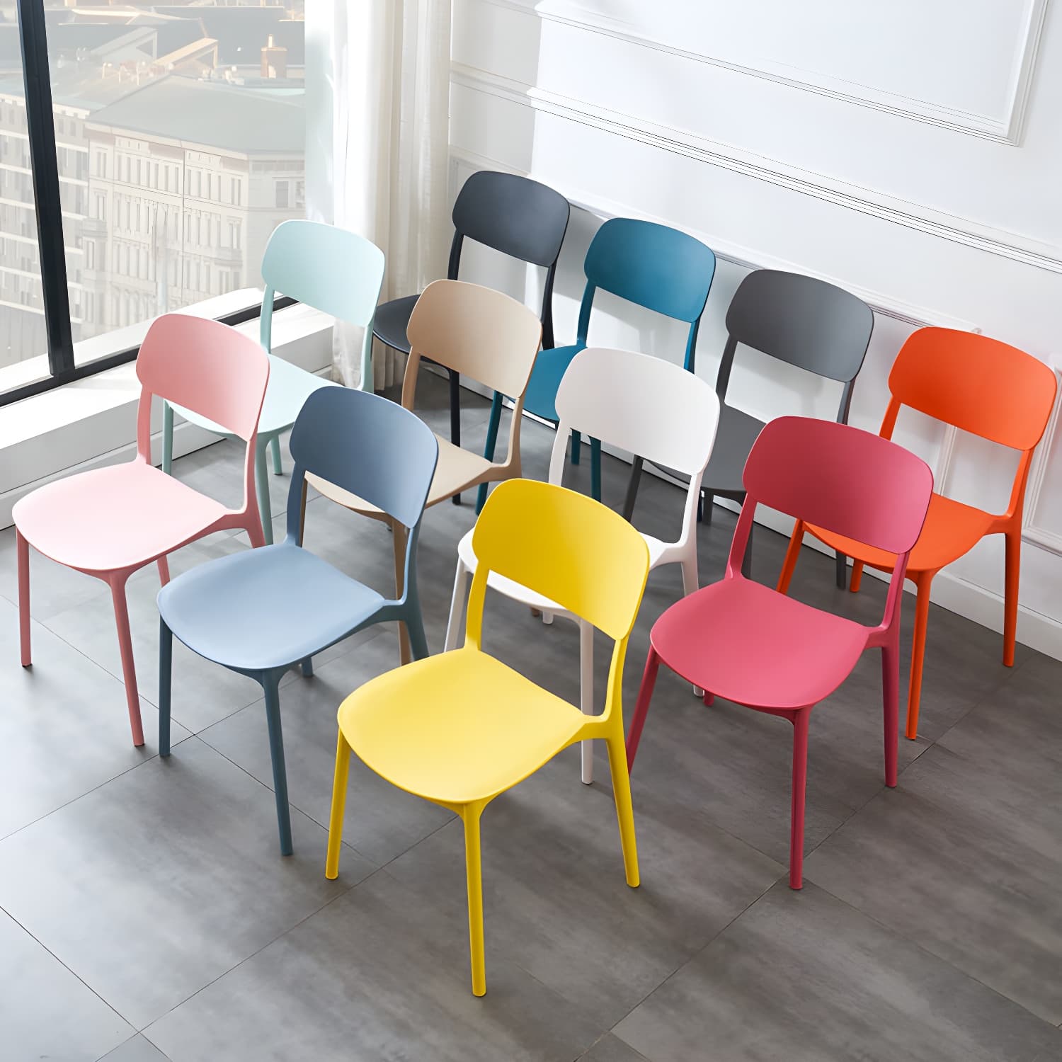 Scandinavian Stackable Armless Dining Chairs Plastic Open Back Dining Side Chair thumbnail 14