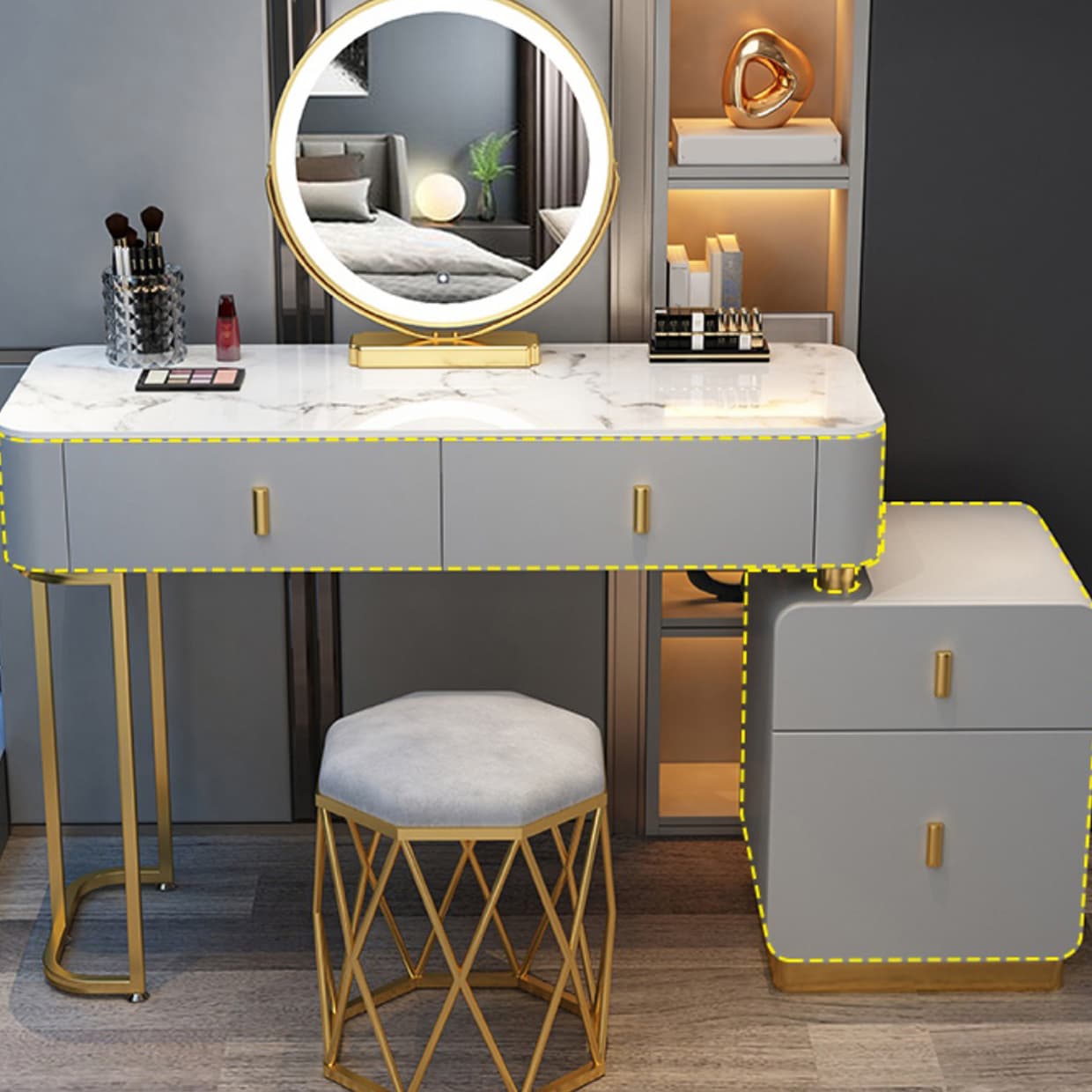 Wood Makeup Vanity Lighted Mirror Vanity Table and Stool Set thumbnail 10